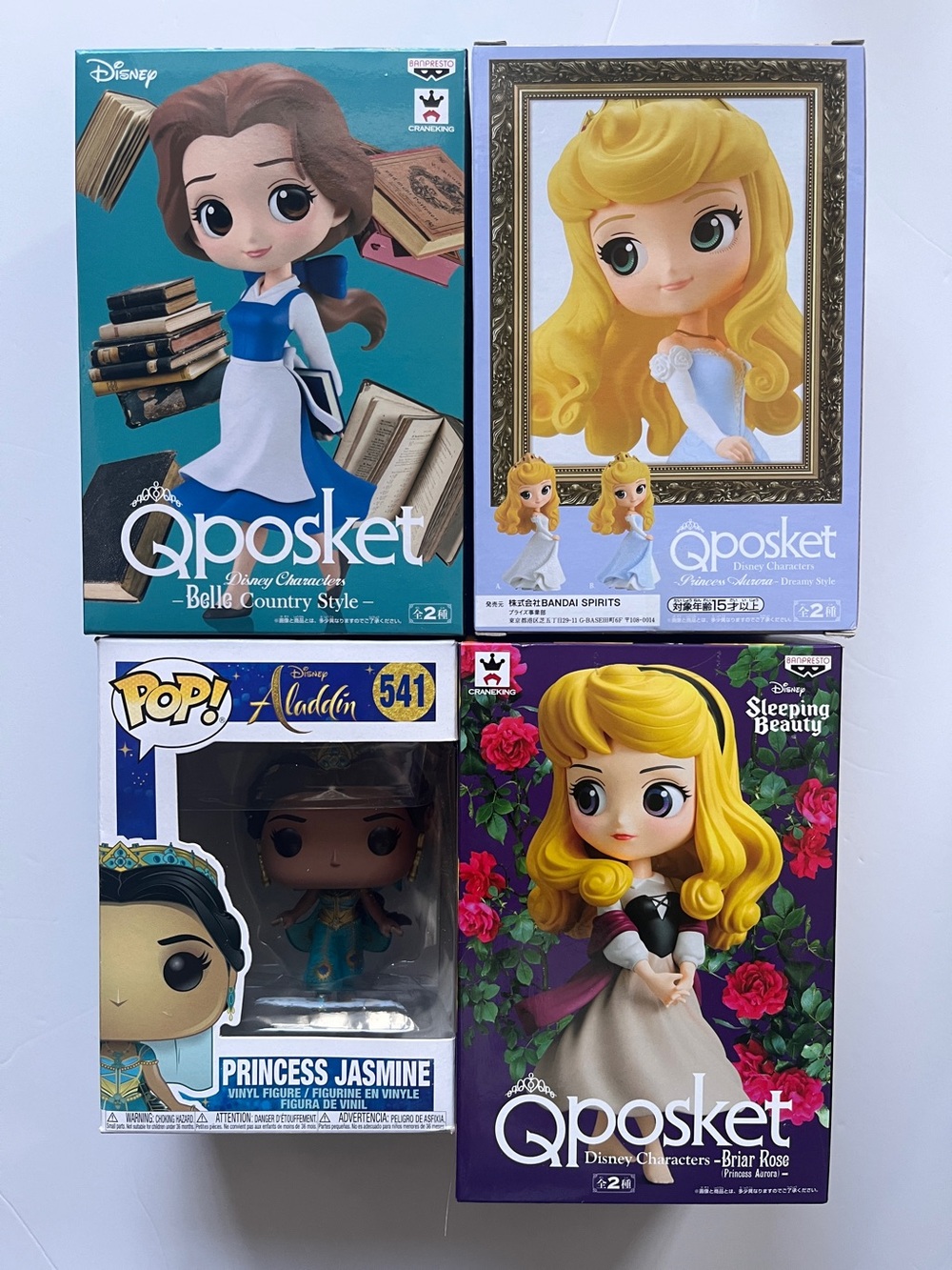 Bundle of 4 Disney Princess Collectible Figures (Funko POP and Qposket)